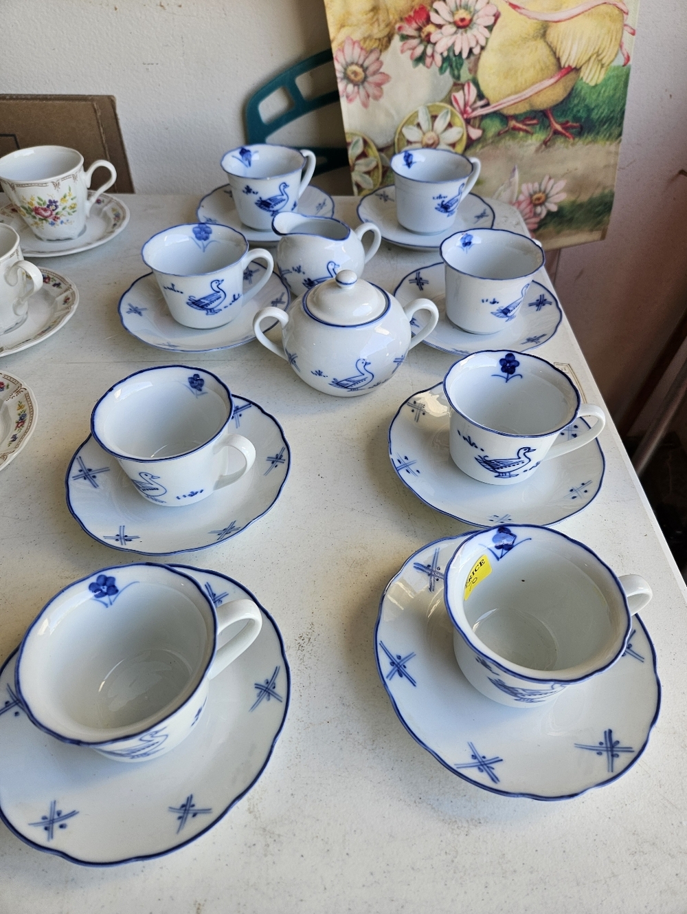 Blue & White Porcelain Tea Set with Duck  - 12-Piece